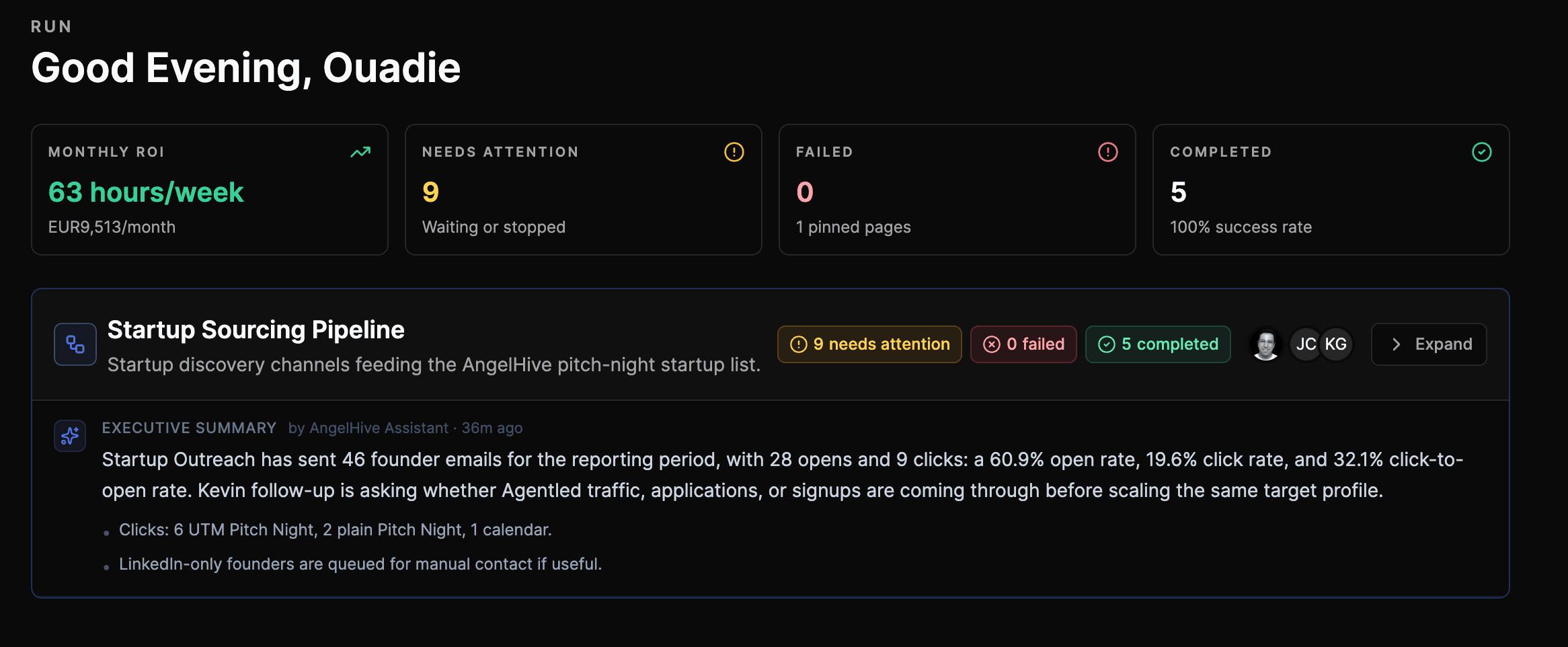 AgentLed customer workspace showing workflow health, review queues, completed runs, and ROI reporting